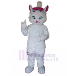 White Cat Mascot Costume with Pink Red Hat Animal