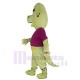 Green Dinosaur Mascot Costume Animal in Purple T-shirt