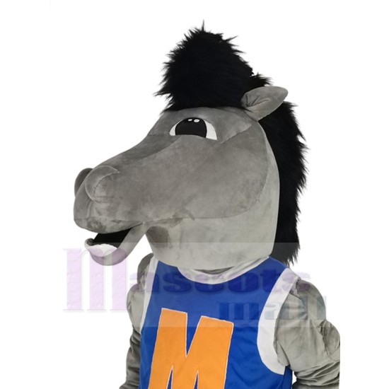 Robustes Grau Mustang-Pferd Maskottchen-Kostüm Tier im blauen Jersey