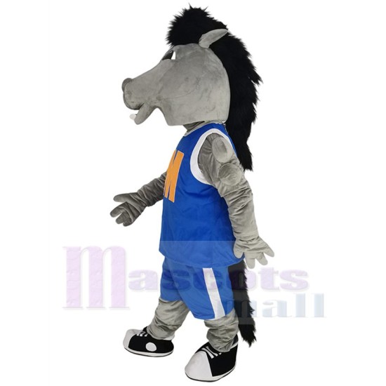 Robust Grey Mustang Mascot Costume Animal in Blue Jersey