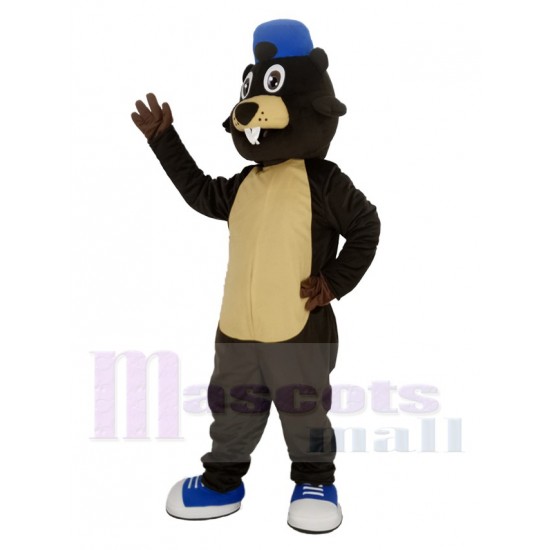 castor marrón con sombrero azul Disfraz de mascota