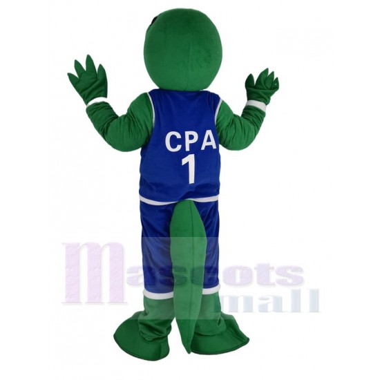 Green Alligator in Blue Sweatshirt Mascot Costume