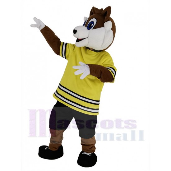 Sport Fuchs im gelben T-Shirt Maskottchen-Kostüm