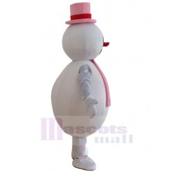 Snowman Mascot Costume with Pink Hat and Scarf