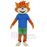 Orange Tiger Mascot Costume Animal in Blue T-shirt