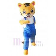 Tiger Mascot Costume Animal in Blue Overalls