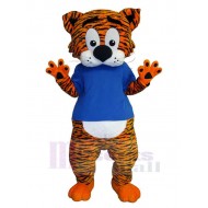Tigre rayado Traje de mascota Animal en camiseta azul