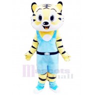 Glücklicher Tiger Maskottchen Kostüm Tier mit blauer Kleidung