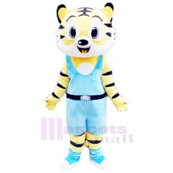 Happy Tiger Mascot Costume Animal with Blue Clothes
