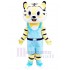 Glücklicher Tiger Maskottchen Kostüm Tier mit blauer Kleidung