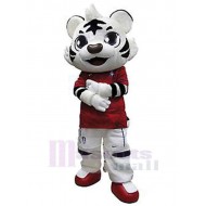 Black and White Tiger Mascot Costume Animal in Red Clothes