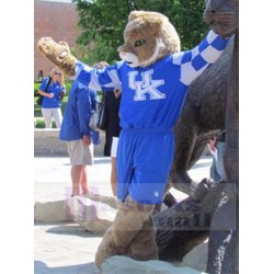 Brown Tiger Mascot Costume Animal in Blue Outfit