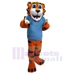 Freundlicher Tiger Maskottchen-Kostüm Tier im blauen Hemd