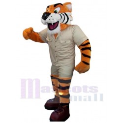 Freundlicher Tiger Maskottchen-Kostüm Tier im weißen Overall