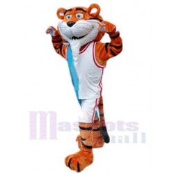 heureux, sport, tigre Mascotte Costume en maillot blanc