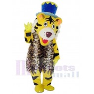 Glücklicher Tiger Maskottchen-Kostüm Tier mit Blauem Hut