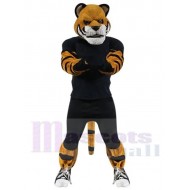 Power-Tiger Maskottchen-Kostüm Tier in schwarzem Jersey