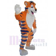 Freundlicher orangefarbener Tiger Maskottchen-Kostüm Tier mit blauen Streifen