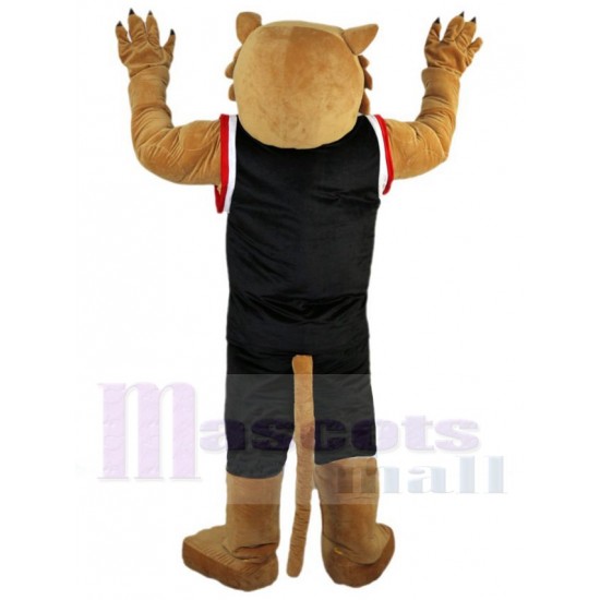 Brown Tiger Mascot Costume Animal in Black Jersey