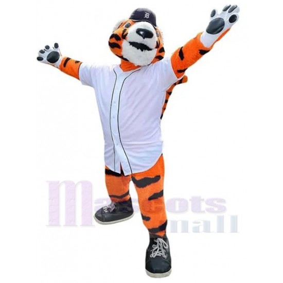 Sport-Tiger Maskottchen Kostüm Tier mit schwarzem Hut