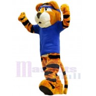 College-Sport-Tiger Maskottchen-Kostüm Tier im königsblauen T-Shirt