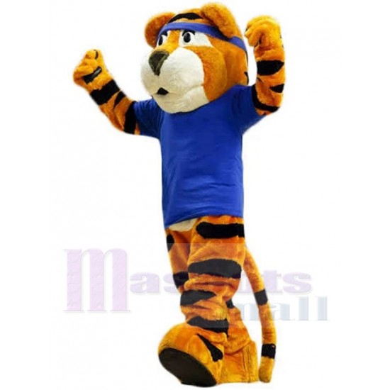 Tigre deportivo universitario Disfraz de mascota Animal en camiseta azul rey