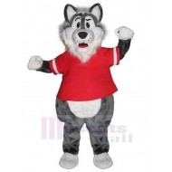 Loup gris Costume de mascotte Animal en T-shirt de sport rouge