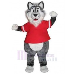 Grauer Wolf Maskottchen Kostüm Tier im roten Sport-T-Shirt