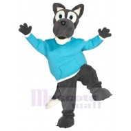 Loup heureux Costume de mascotte Animal en vêtements bleus