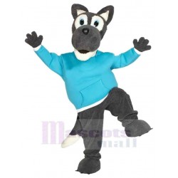 Glücklicher Wolf Maskottchen Kostüm Tier in blauer Kleidung