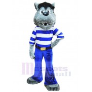 Modewolf Maskottchen Kostüm Tier in blau-weißer Kleidung
