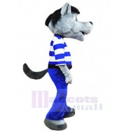 Modewolf Maskottchen Kostüm Tier in blau-weißer Kleidung
