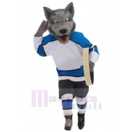 Loup gris universitaire Costume de mascotte Animal en tenue de sport bleu et blanc