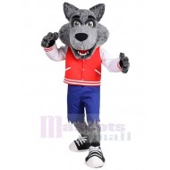 Universidad feliz Lobo gris Disfraz de mascota animal en ropa roja y blanca