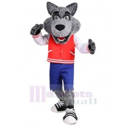 Collège heureux Loup gris Costume de mascotte Animal en vêtements rouges et blancs