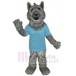 Winkender grauer Wolf Maskottchen Kostüm Tier im blauen T-Shirt