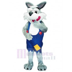 Friendly Wolf Mascot Costume Animal in Blue Overalls