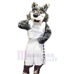 Grauer Sportwolf Maskottchen Kostüm Tier in weißer Sportbekleidung