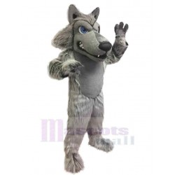 Fierce Grey Wolf Mascot Costume Animal with Blue Eyes