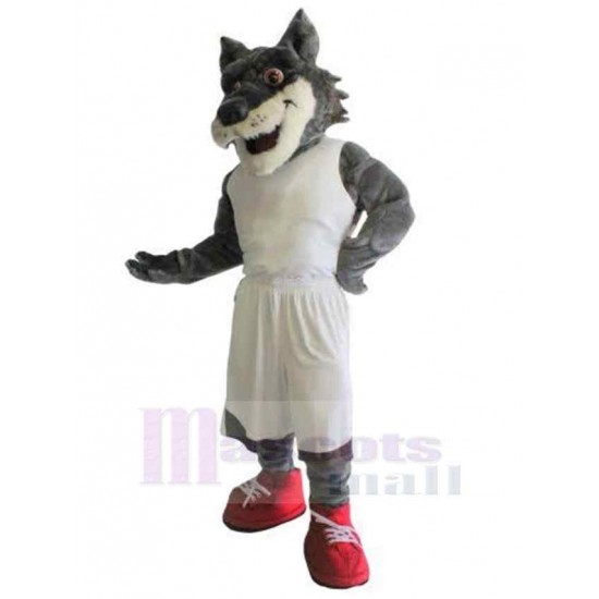Lobo deportivo de poder Disfraz de mascota animal en ropa blanca