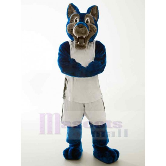 Strong Blue and Grey Wolf Mascot Costume Animal in White Clothes
