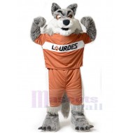 Lobo gris feroz Disfraz de mascota animal en ropa naranja