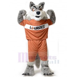 Fierce Gray Wolf Mascot Costume Animal in Orange Clothes