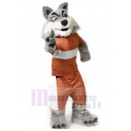 Wilder grauer Wolf Maskottchen Kostüm Tier in orangefarbener Kleidung