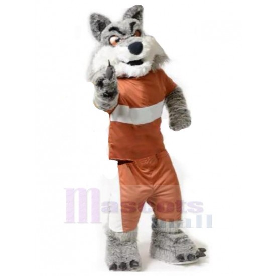 Lobo gris feroz Disfraz de mascota animal en ropa naranja