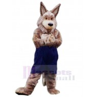 Lustiger brauner Kojotenwolf Maskottchen Kostüm Tier in dunkelblauer Hose