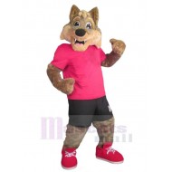 Scharfe Zähne Brauner Wolf Maskottchen Kostüm Tier im rosa T-Shirt