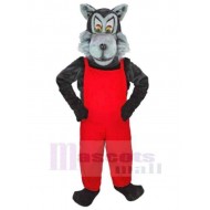 Loup gris sérieux Costume de mascotte Animal en vêtements rouges