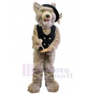 Cute Wolf Mascot Costume Animal in Black Vest and Hat