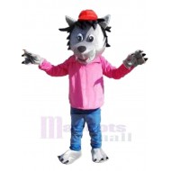 Rosa Kleidung Grauer Wolf Maskottchen Kostüm Tier mit roter Hut